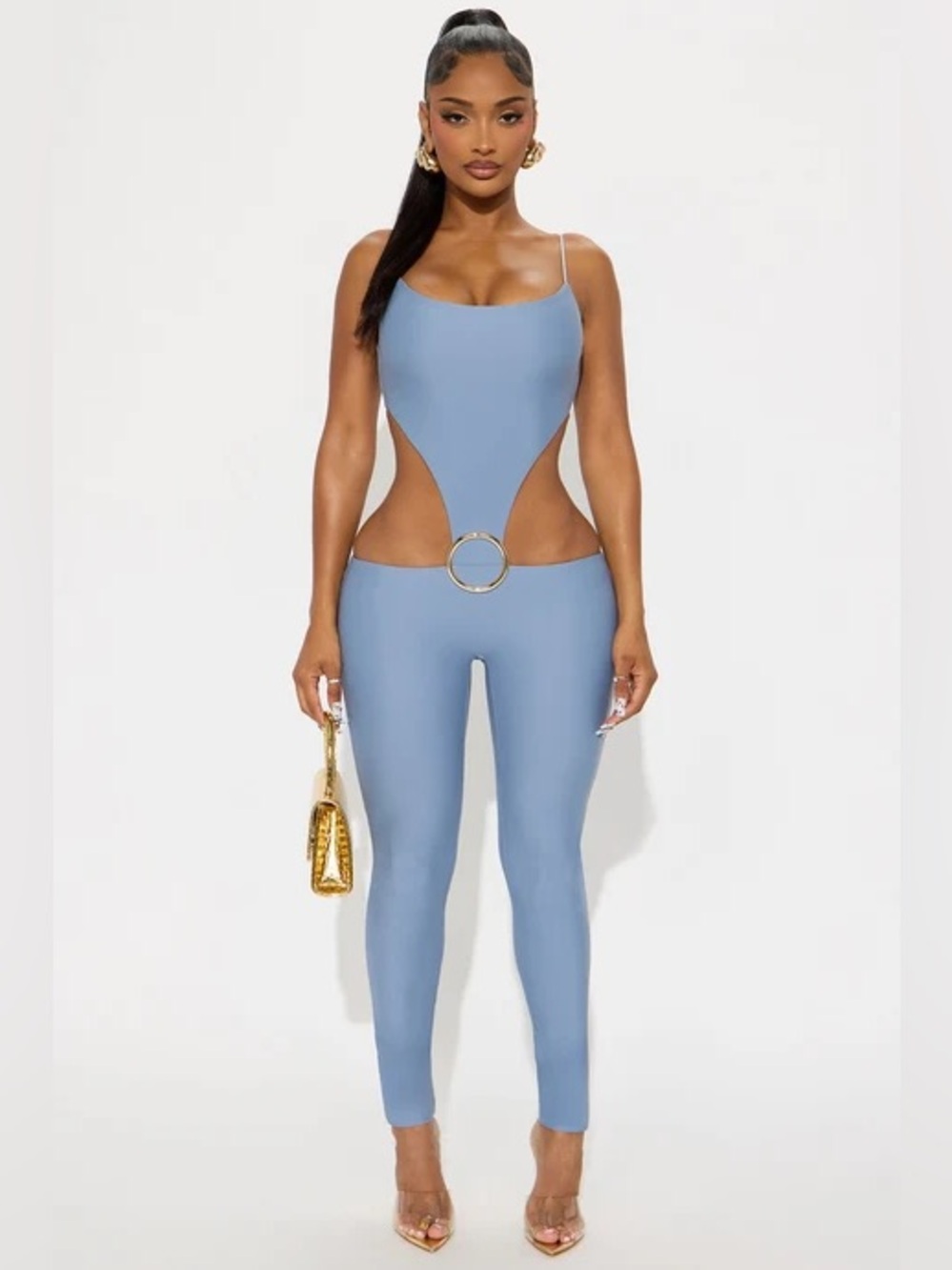 Sky Blue Cutout Ring-Belt Jumpsuit